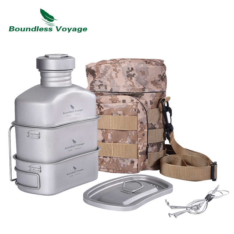 Outdoor Camping Games - Boundless Voyage กลางแจ้งโรงอาหารทหารขวด Camping เดินป่าน้ำถ้วยไทเทเนียมเครื่องครัวขวด1100Ml 750Ml