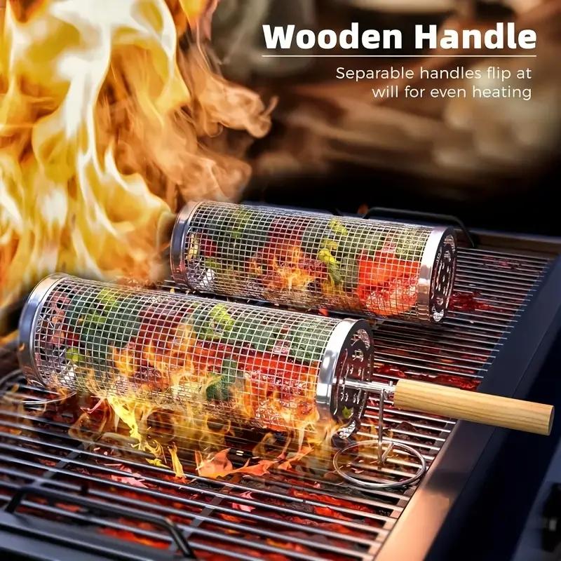 Outdoor Camping Cooking Set - ชุดตะกร้าย่างบาร์บีคิวทรงกลมทำจากสแตนเลสเกรดอาหาร, ตะแกรงย่างทรงกระบอกสำหรับทำอาหารกลางแจ้งและตั้งแคมป์