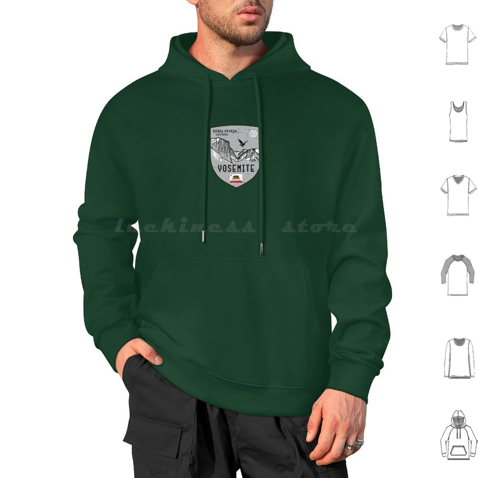 Outdoor Camping Yosemite - เสื้อฮู้ดลายตราสัญลักษณ์โยเซมิตี แคลิฟอร์เนีย ผ้าฝ้าย แขนยาว ลายภูเขา สกี