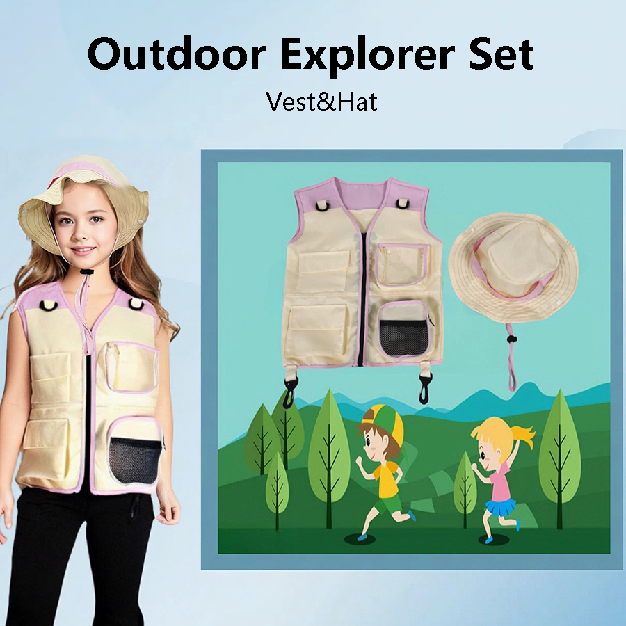 Outdoor Camping Kids Activities - ชุดหมวกนักสำรวจสำหรับเด็ก, ชุดคอสเพลย์สำหรับงานปาร์ตี้ตั้งแคมป์ตกปลามีหลายกระเป๋า
