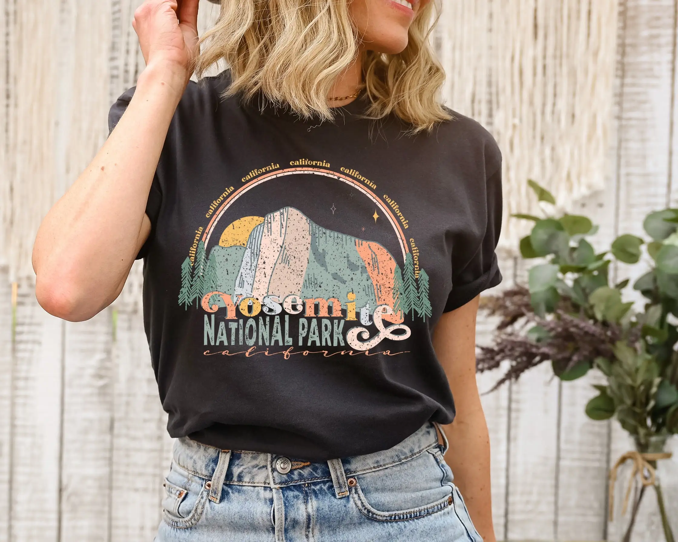 Outdoor Camping Yosemite - เสื้อยืดอุทยานแห่งชาติโยเซมิตีแคลิฟอร์เนียเดินป่าตั้งแคมป์กลางแจ้งธรรมชาติขนาดใหญ่สไตล์วินเทจ