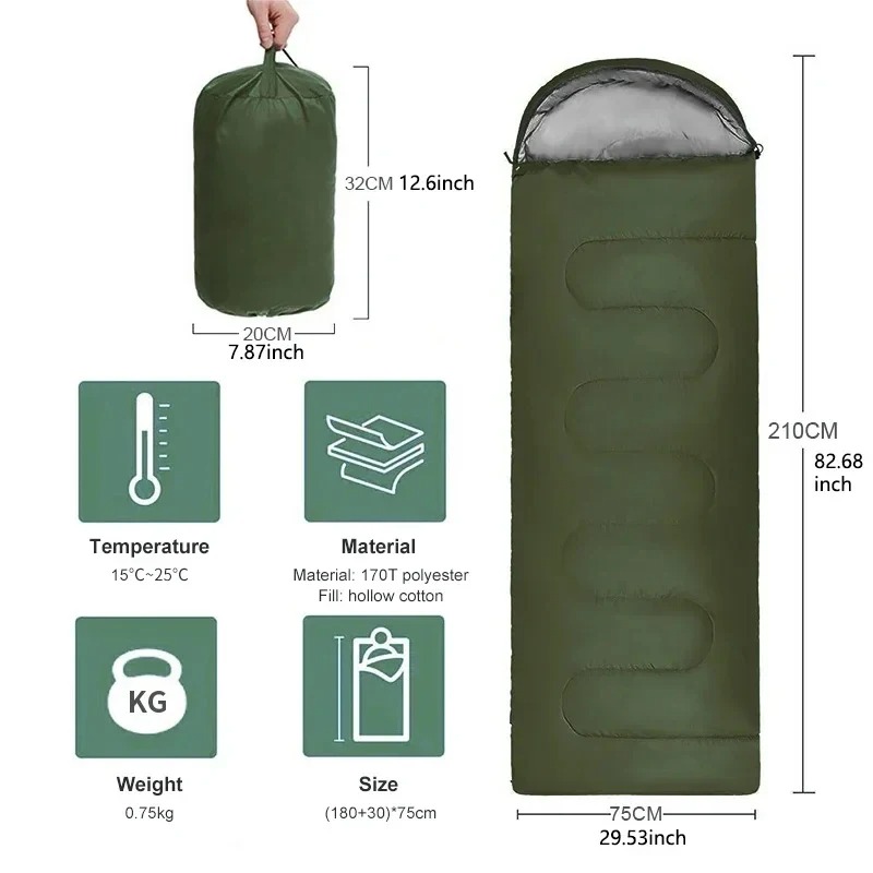 Outdoor Camping Sleeping Bag - ถุงนอนสำหรับตั้งแคมป์ น้ำหนักเบา ใช้ได้ทุกฤดู อุ่นสบาย ทรงซองจดหมาย สำหรับแบ็คแพ็คกิ้งกลางแจ้ง